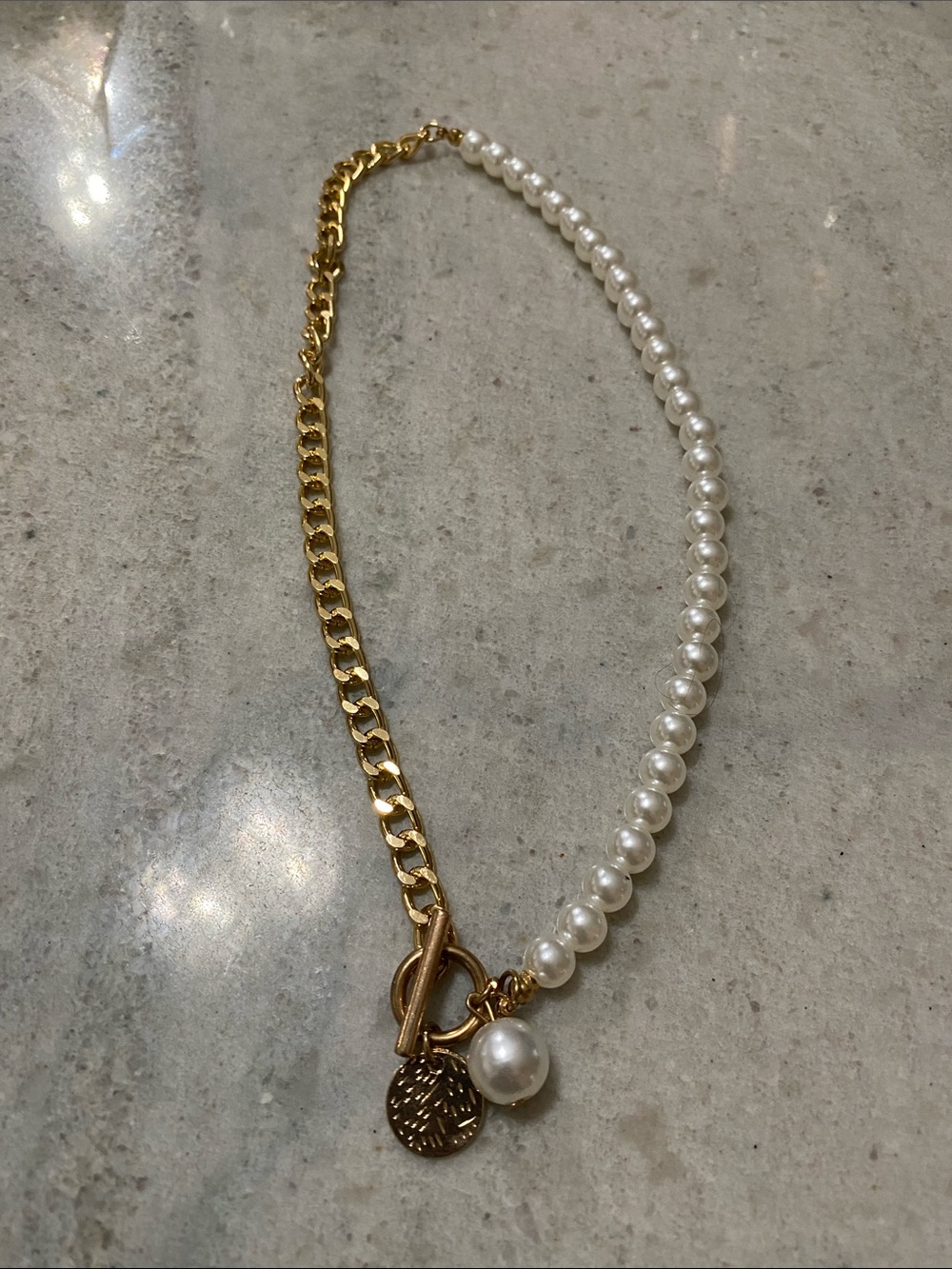 Gold & White Faux Pearl Half-Chain Necklace